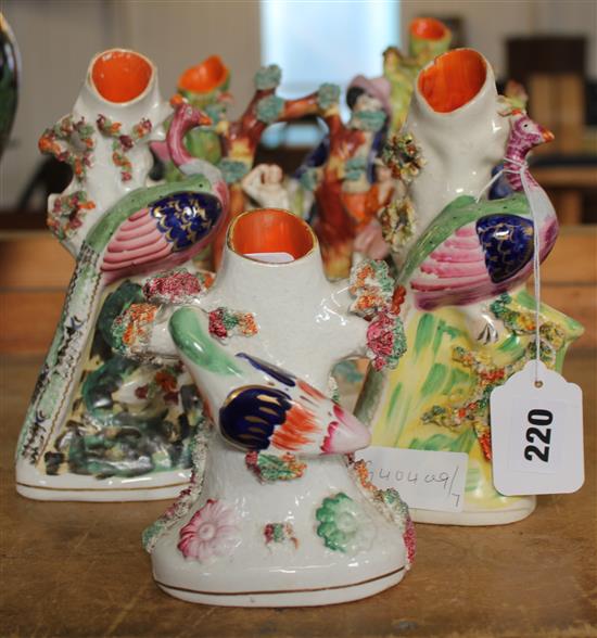 3 Staffordshire bird spill vases, 2 other figural groups & another (6)